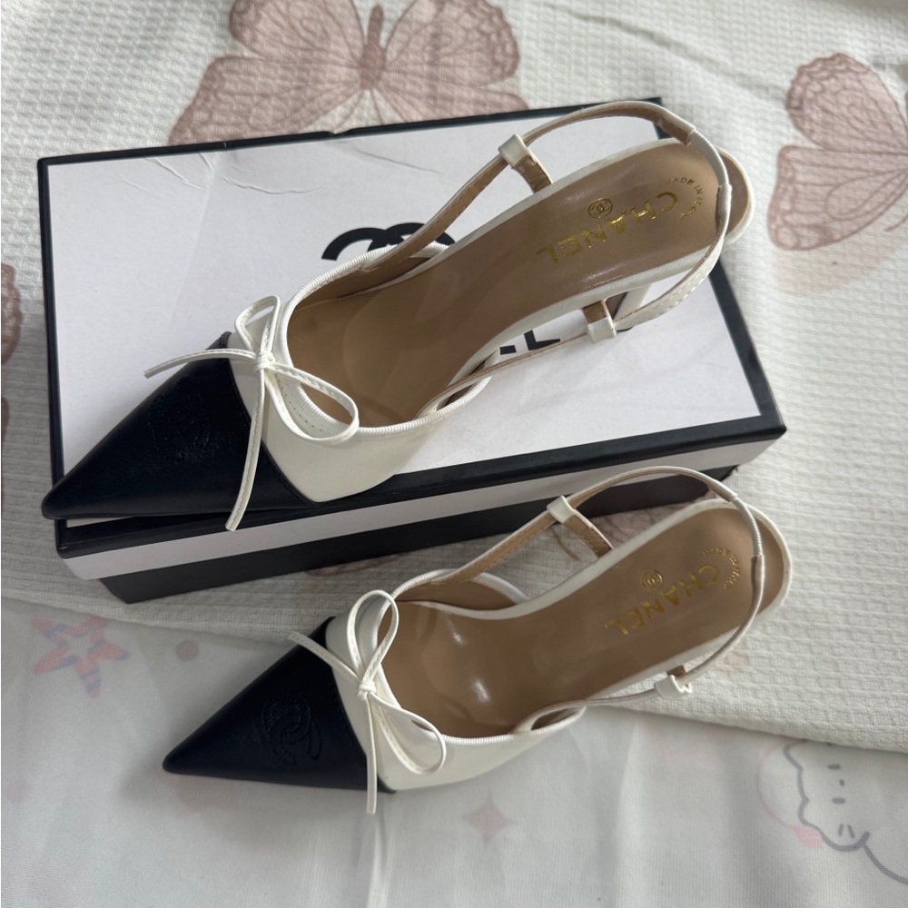 Chanel Two-Tone Pointed Toe Slingback Pumps in Black & White